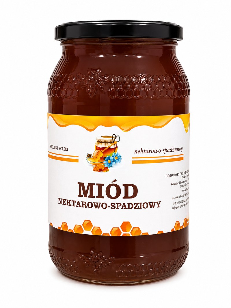 Słoik miodu nektarowo-spadziowego z gospodarstwa Dariusza Pawluka