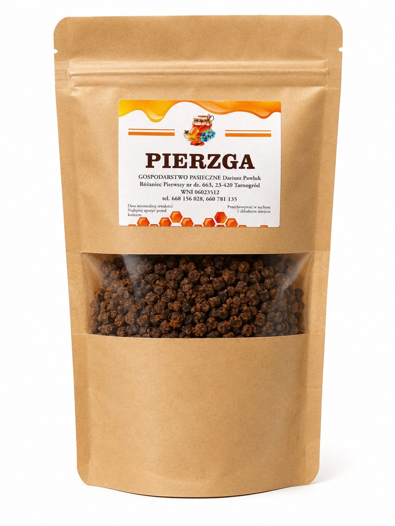Opakowanie pierzgi pszczelej z gospodarstwa Dariusza Pawluka